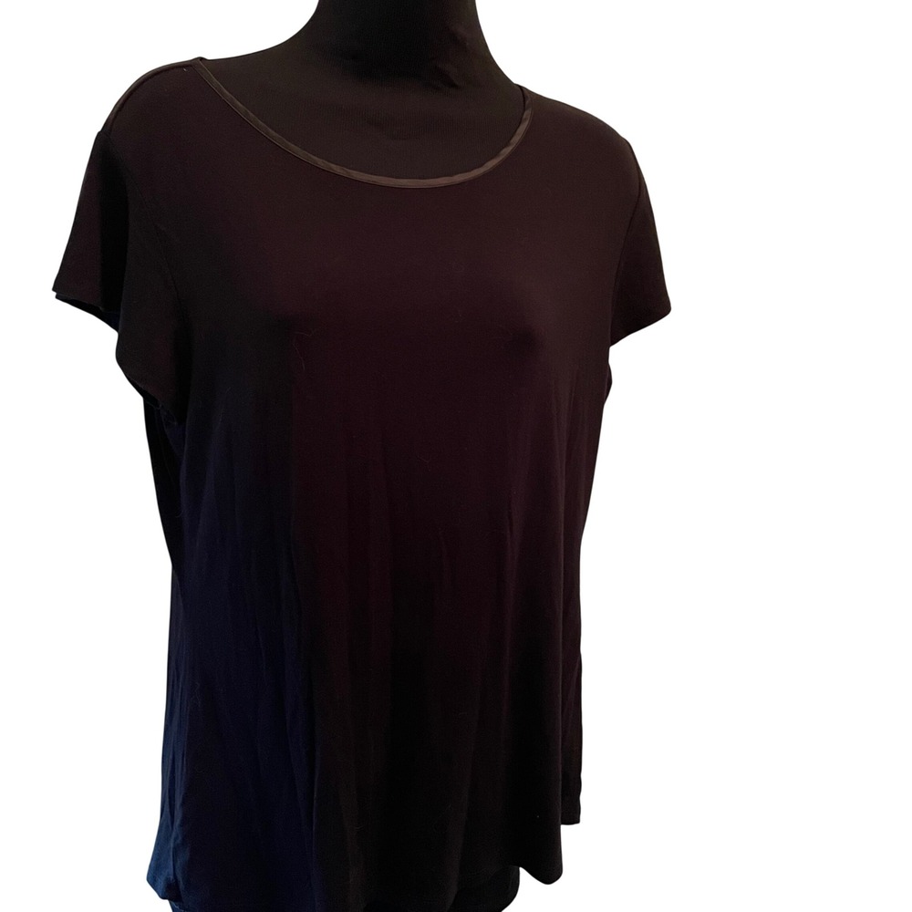 T Tahari Womens Black Scoop Neck Short Sleeve Top Satin Trim Viscose Blend L